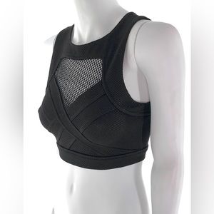 LuLu’s Black Stretch Crop Top Fishnet Panels Back Zip size M